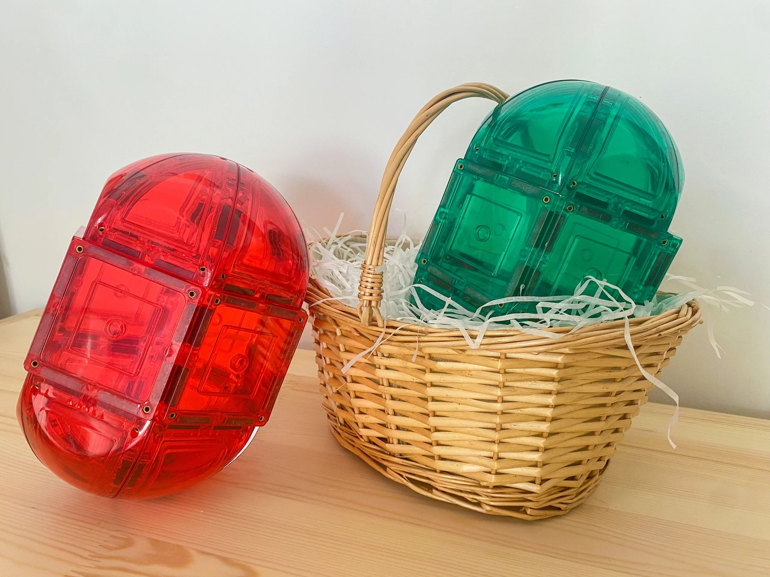 Easter eggs in red and green made from magnetic tiles