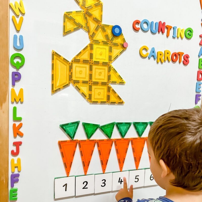 Child playing with numeracy toppers on whiteboard counting carrots