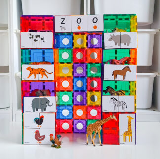 Duo-Animal-puzzle-pack-set-up-as-a-zoo-on-a-tall-square-magnetic-tile-structure