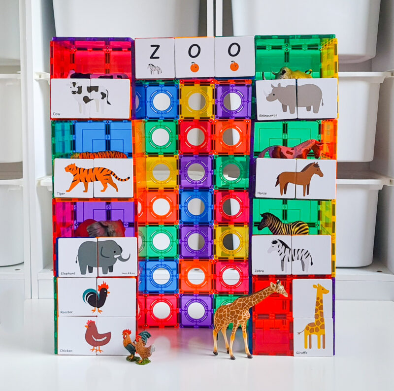Duo-Animal-puzzle-pack-set-up-as-a-zoo-on-a-tall-square-magnetic-tile-structure
