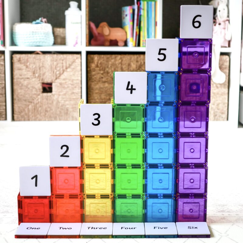 Learn & Grow toys numeracy tile toppers set up on ascending rainbow squares in playroom