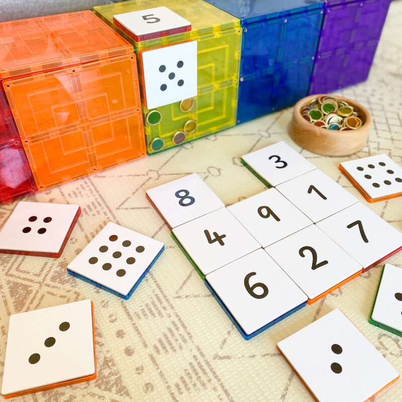 Learn & Grow Toys - Numeracy pack set up with rainbow magnetic tile squares and counting chips