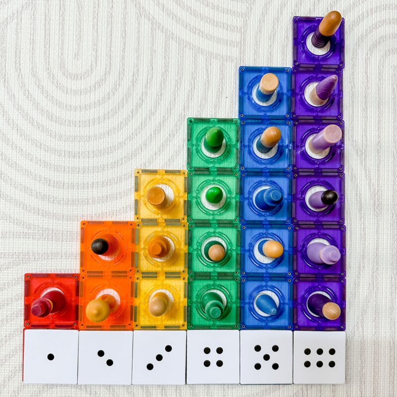 Numeracy pack with rainbow tiles increasing in number and wooden grimms people