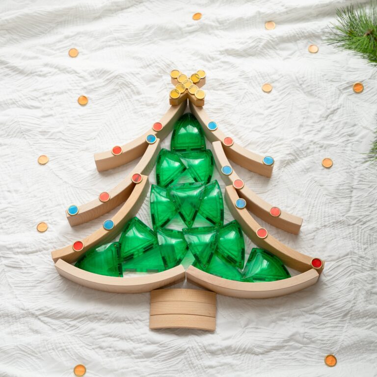 Christmas tree made from Abel wooden blocks and learn and grow magnetic tiles