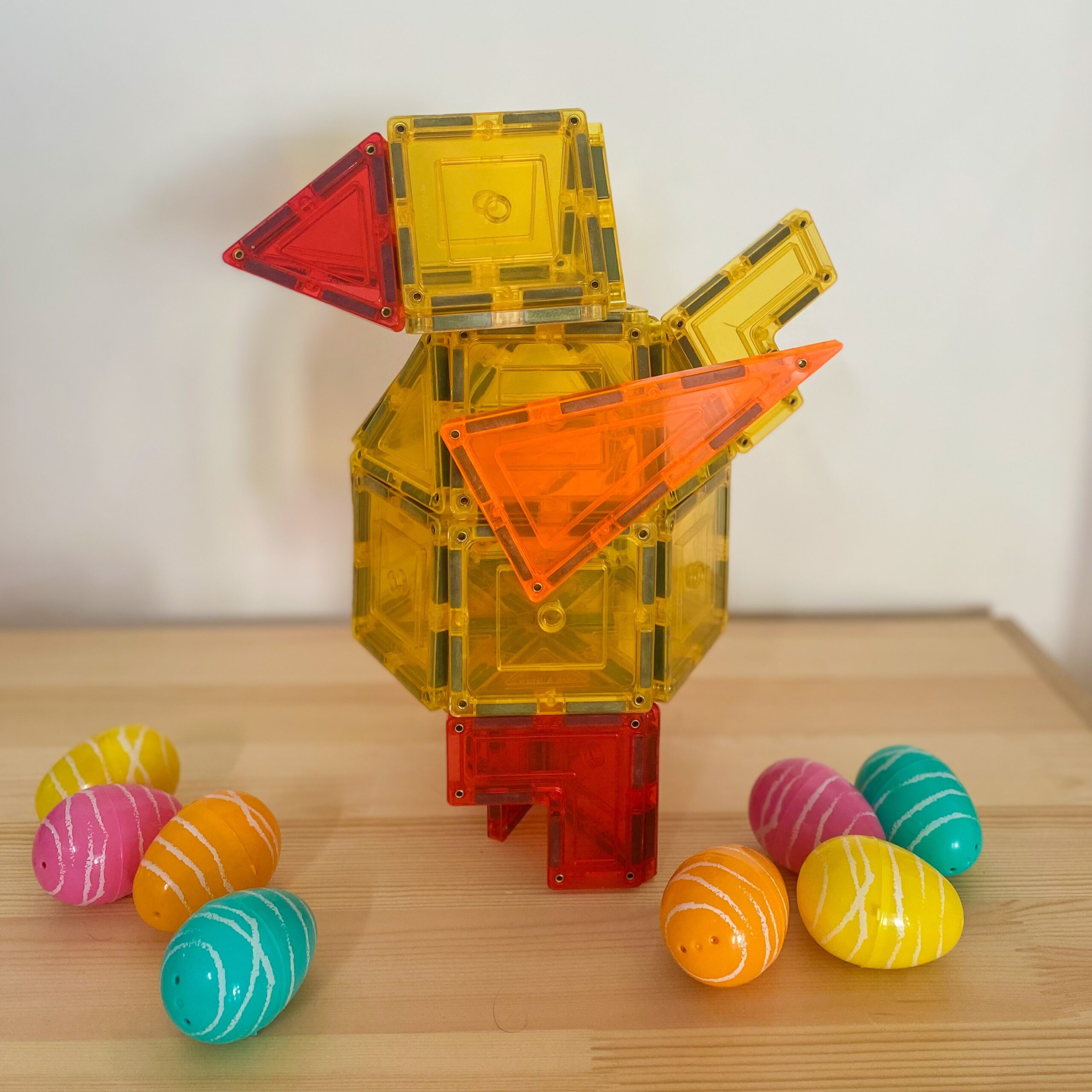 Easter chick made from learn & grow toys magnetic tiles