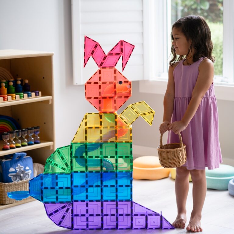 Rainbow Easter Bunny with child holding egg basket
