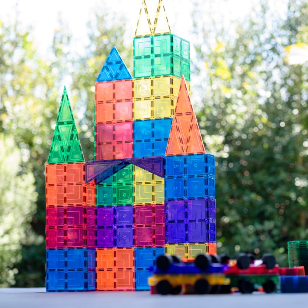 Tall Rainbow Castle built with Learn & Grow Toys Magnetic tiles